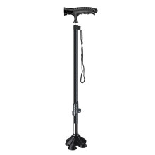 Carbon Fiber Walking Cane for Seniors, Adjustable Rotating Quad Base with Night Light, Black