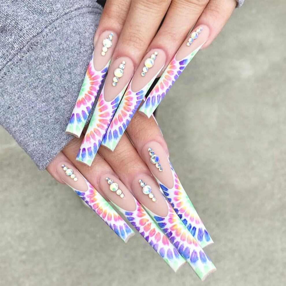 Extra Long Square Press On Nails with Rhinestones, Glossy Reusable Fake Nails for Women 24pcs