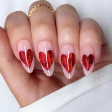 Medium Almond Press On Nails Red Heart Glitter Fake Nails Stiletto Acrylic Ready to Wear Manicure 24pcs