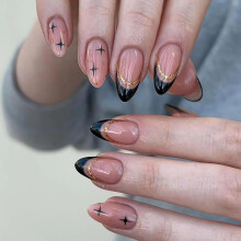 Press On Nails Medium Long Almond Shape Black Star Design Soft Gel Reusable 24PCS Fake Nail Kit