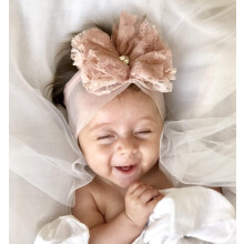 Light Pink Newborn Headband for Baby Girls, Handmade Soft Stretchy Fabric Flower with Rhinestone