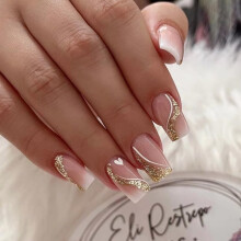 Valentine's Day Coffin Press On Nails White Heart Gradient Gold Line Design Reusable Fake Nails 24PCS