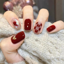 Press on Nails Valentines Day Red Plaid Short Square with Gold Glitter Hearts Reusable Full Cover Set
