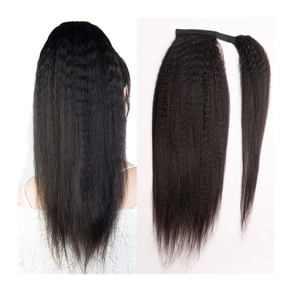 Kinky Straight Human Hair Ponytail Extensions for Black Women, Wrap Around Yaki Style 1226 Inch Natural Blend