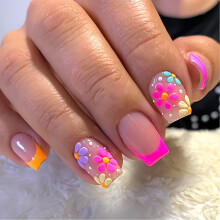 Short Square Press On Nails 24Pcs Colorful Flower Fake Acrylic Nail Kit with SalonQuality Finish