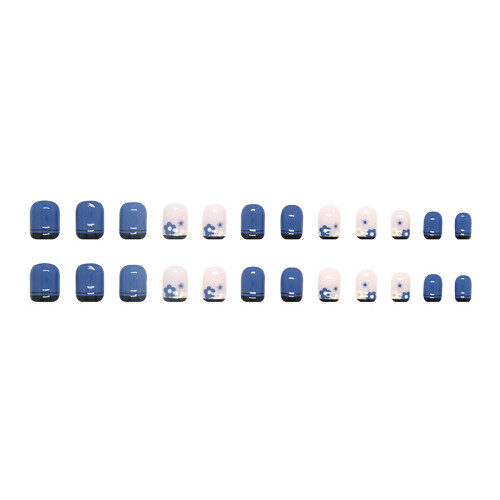 Medium Blue Coffin Press On Nails with Flower Design, Glossy Black Tips, Reusable Full Cover Set 1