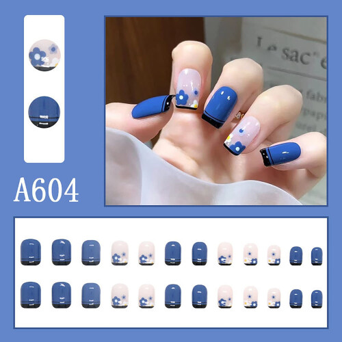 Medium Blue Coffin Press On Nails with Flower Design, Glossy Black Tips, Reusable Full Cover Set 2