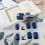 Medium Blue Coffin Press On Nails with Flower Design, Glossy Black Tips, Reusable Full Cover Set 5