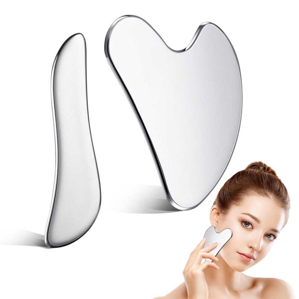 2 Pcs 304 Stainless Steel Gua Sha Set Facial Sculpting Massage Tools for Skin Tightening and Puffiness Reduction