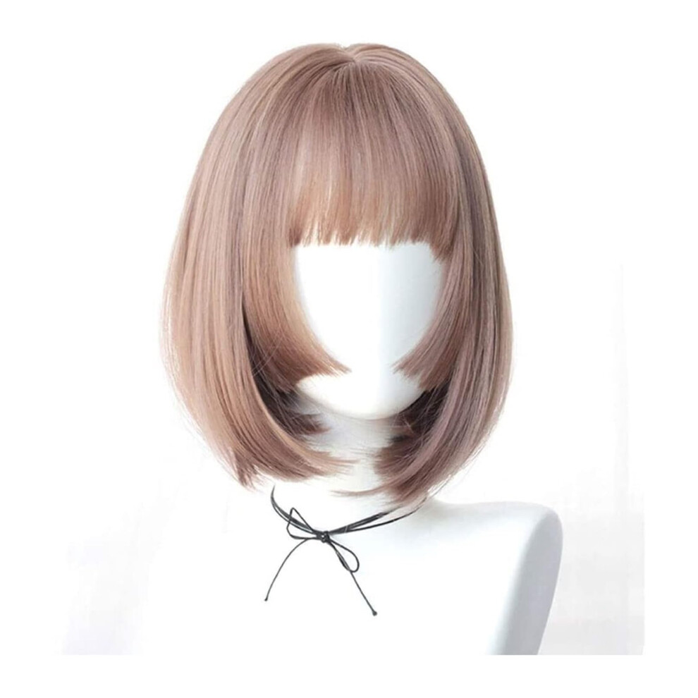 Unisex Pink Short Bob Wig With Bangs Heat Resistant Synthetic 33Cm Cosplay Wig For Women