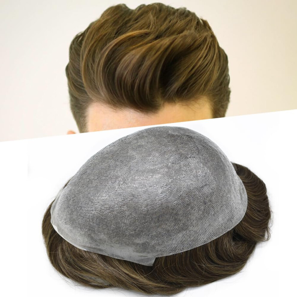Unisex Brown Men's Hair Toupee Ultra Thin Skin Vlooped Human Hairpiece Natural Scalp #4 Medium 8X10