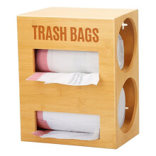 Bamboo Dual Roll Trash Bag Dispenser & Grocery Bag Holder, Fits 13-33 Gallon Rolls, Wall Mount or Freestanding