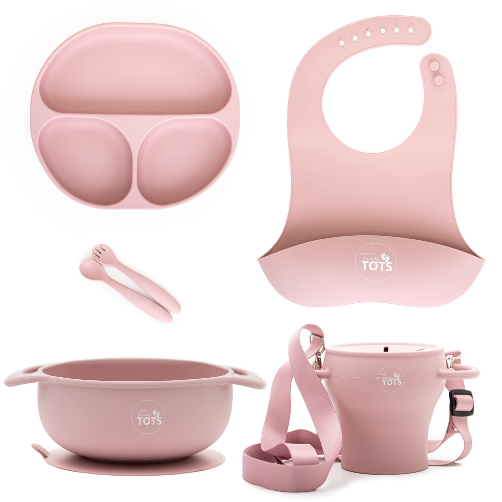 Baby Led Weaning Set Pink Silicone Suction Bowl and Plate with Bib Utensils and Collapsible Cup