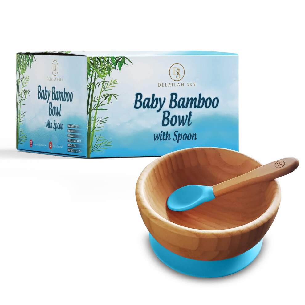 Baby Bamboo Suction Bowl with Soft Silicone Spoon, AntiSpill Detachable Base, BPA  Blue Set