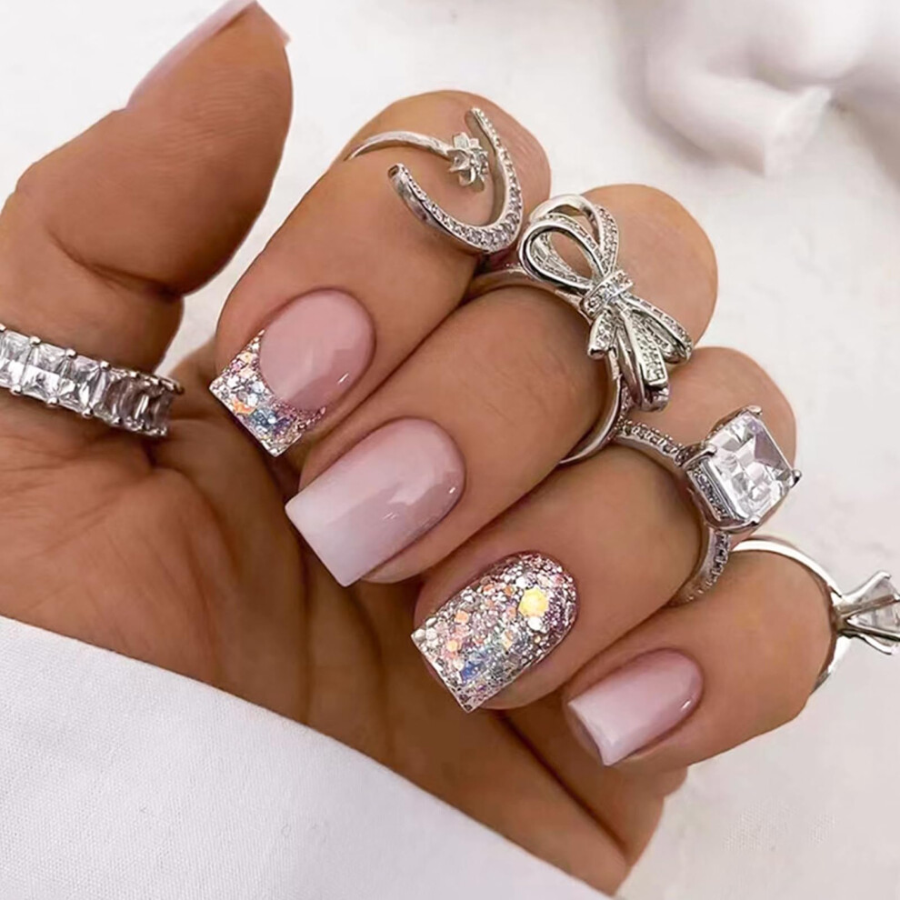 Cream Short Square Press On Nails With Ombre Nude Glitter, Glue On Fake Acrylic Nails For Women