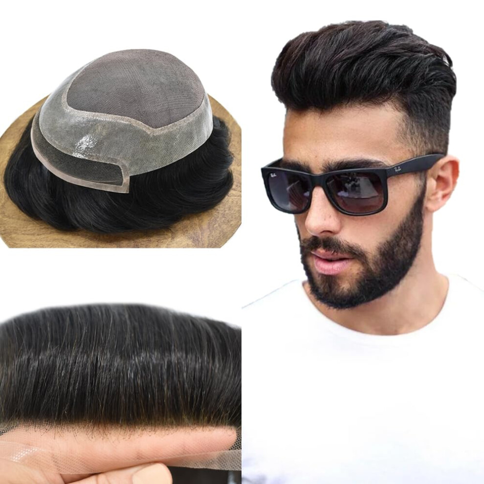 Unisex Black Men's Toupee Hair Replacement System 8X10 Off Human Hairpiece With Lace Front And Poly Perimeter