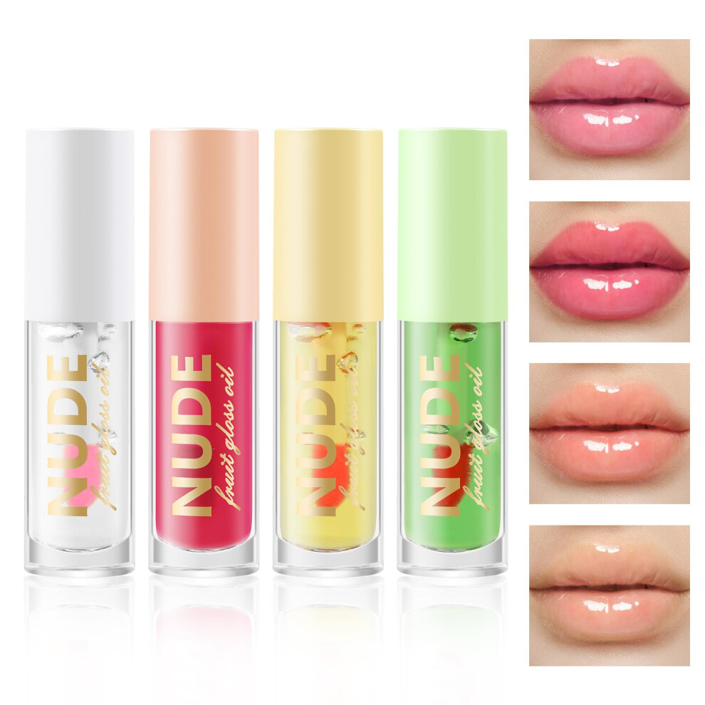 Color Changing Lip Oil Set with Nude Shades, NonSticky Hydrating Gloss, 4Piece Plumping Kit