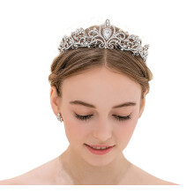 Silver Wedding Tiara for Bride with Rhinestones, Elegant Bridal Crown Headpiece with Pin Loops