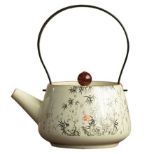 210ml Ru Kiln Ink Bamboo Teapot Ceramic Loop-Handled Teapot with Filter Luxury Pot Tea Brewing Kettle Decoration