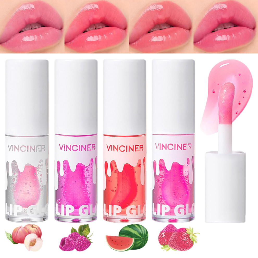Pink Lip Oil Gloss Set With Deep Hydration, Nonsticky Natural Finish, 4 Fruity Flavors,