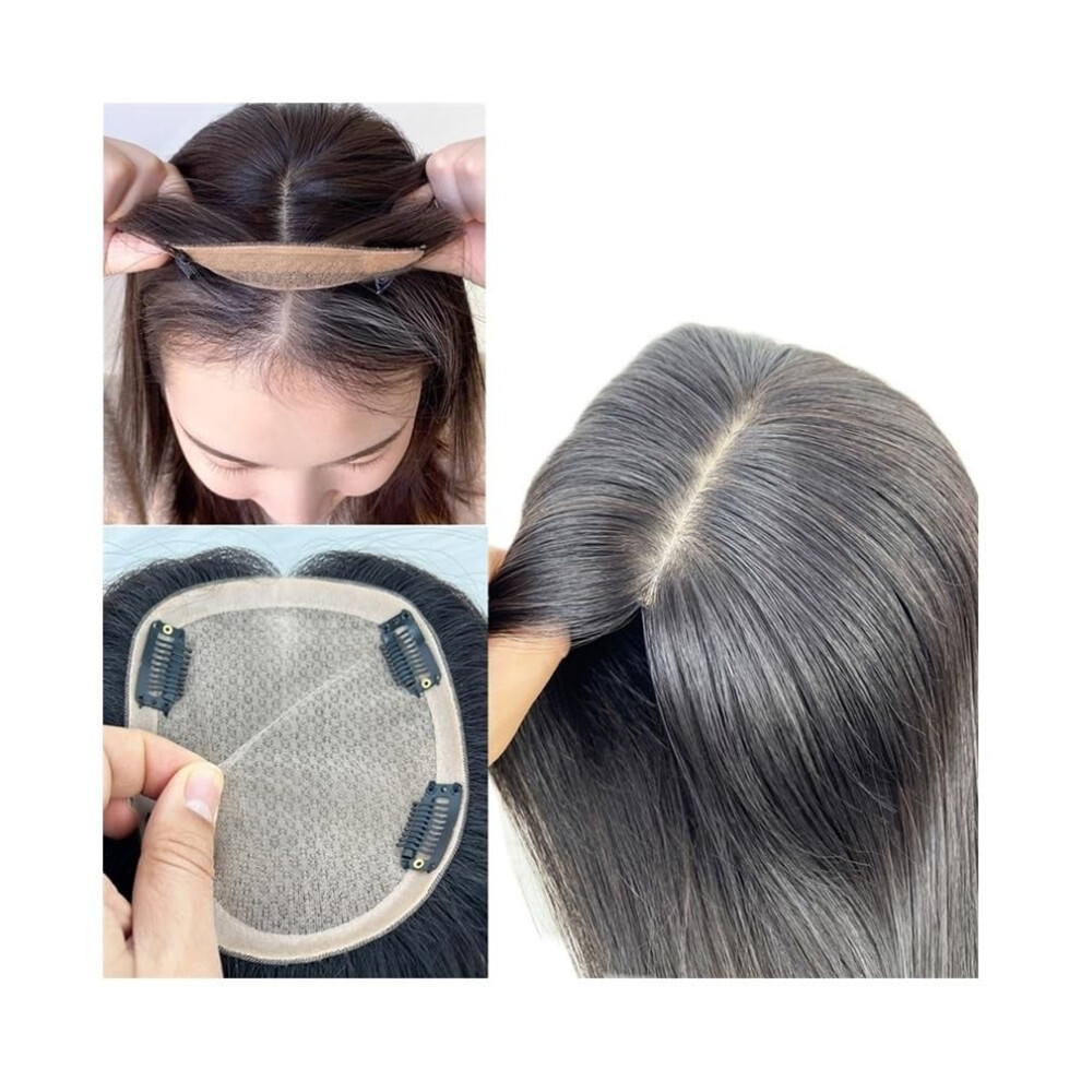 Unisex Hair Topper For Women 14 Inch Real Human Hair Silk Base With Clips For Thinning Hair