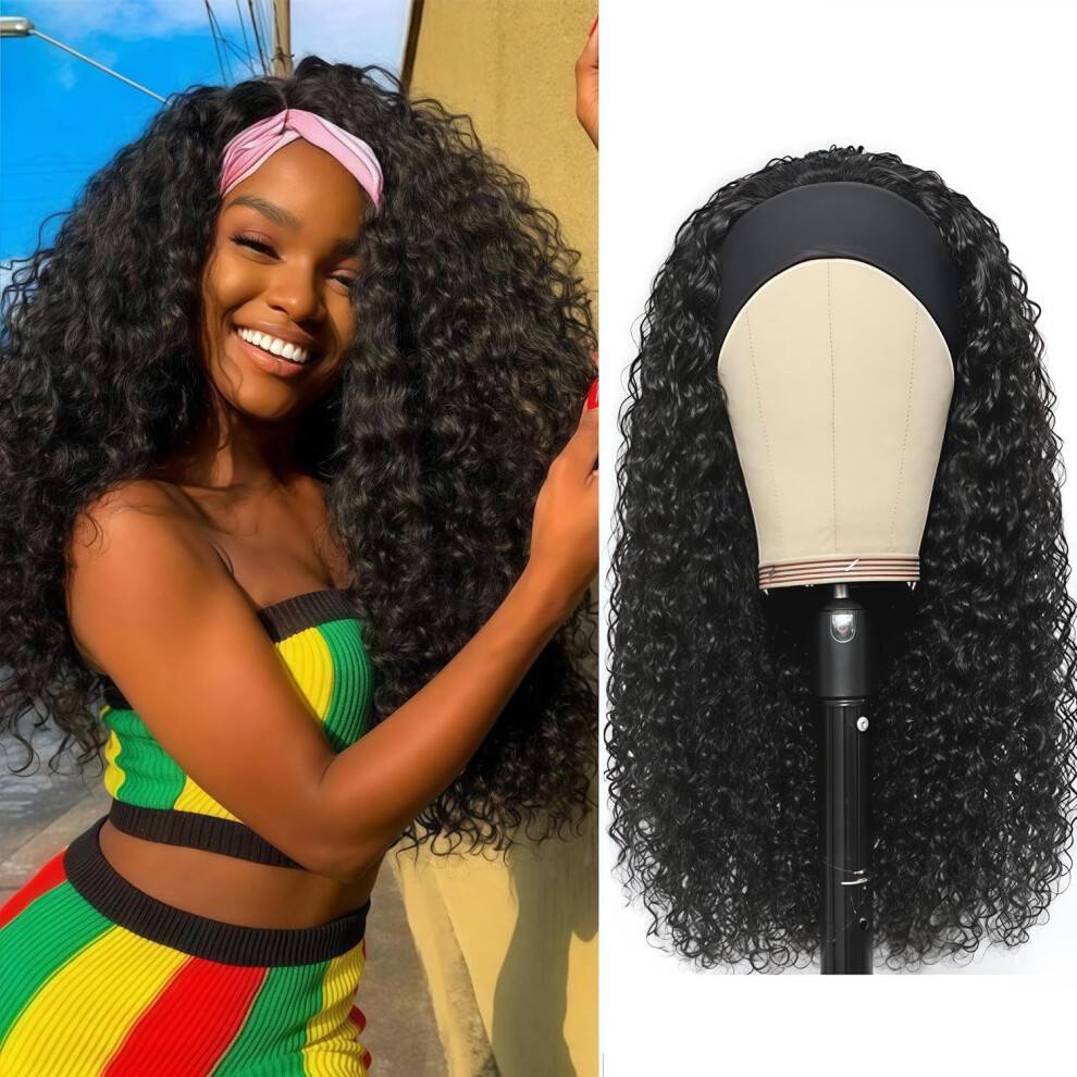 Unisex Black Headband Wig Human Hair 28 Inch Curly Glueless Brazilian Virgin Hair For Women With Bangs