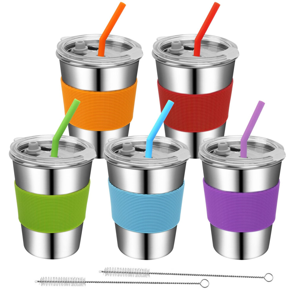 Kids Stainless Steel Cups with Lids and Straws, 12oz LeakResistant Toddler Tumblers, 5 Pack