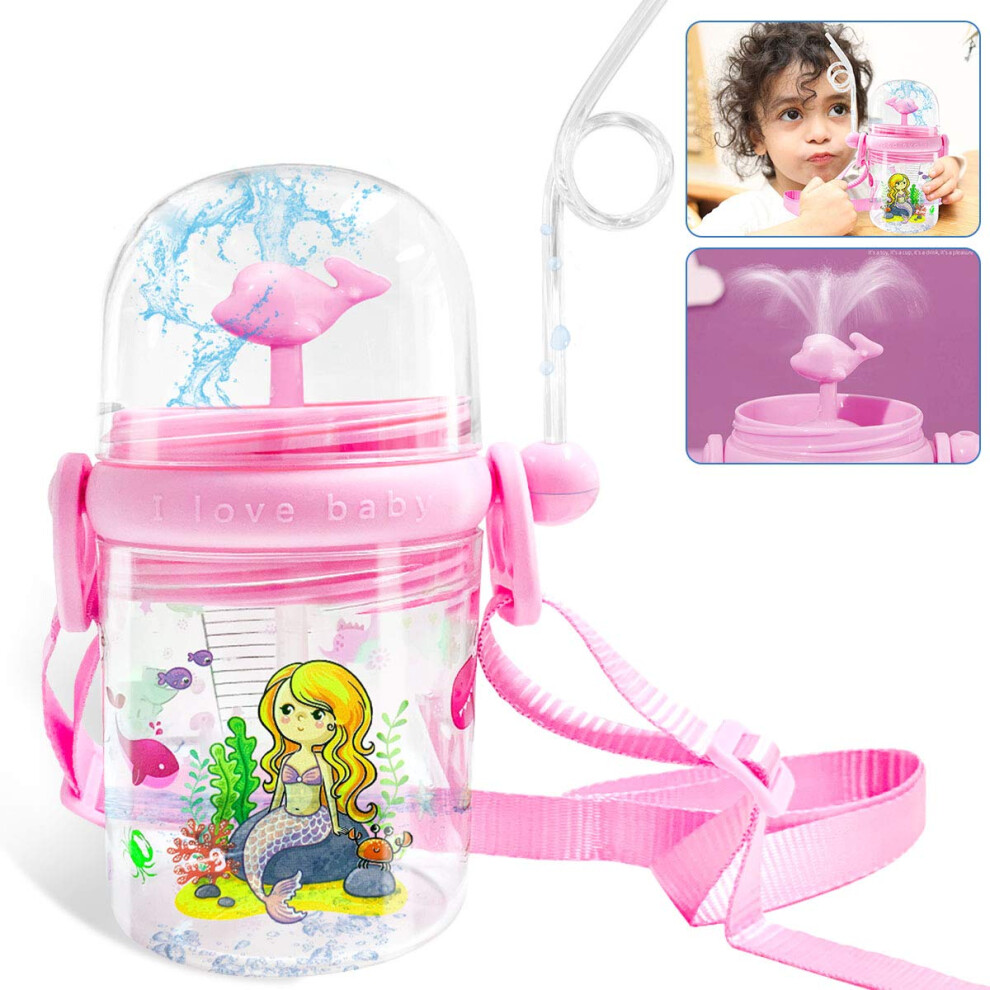 Leakproof Kids Water Bottle 250Ml With Cute Animal Pattern Straw Cup For Toddlers, Mermaid Design Pink