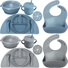 Silicone Baby Feeding Set 16 Pack with Suction Plates Bowls Bibs Utensils Anti‑Slip Easy‑Clean for Baby Led Weaning