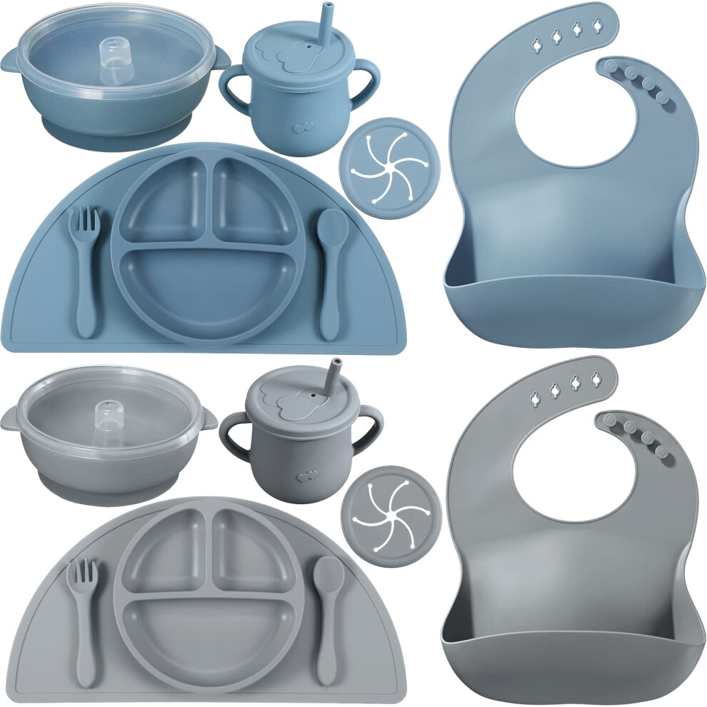Silicone Baby Feeding Set 16 Pack with Suction Plates Bowls Bibs Utensils Anti‑Slip Easy‑Clean for Baby Led Weaning