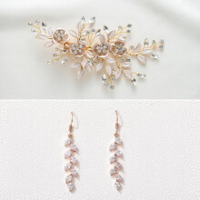 Rose Gold Bridal Earrings and Hair Clip Set with Vintage Marquise CZ, Hypoallergenic for Brides