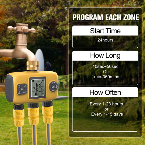 3 Outlet Digital Water Timer with Triple Zone Control, Programmable Sprinkler Timer with Rain Delay for Lawn and Garden 2
