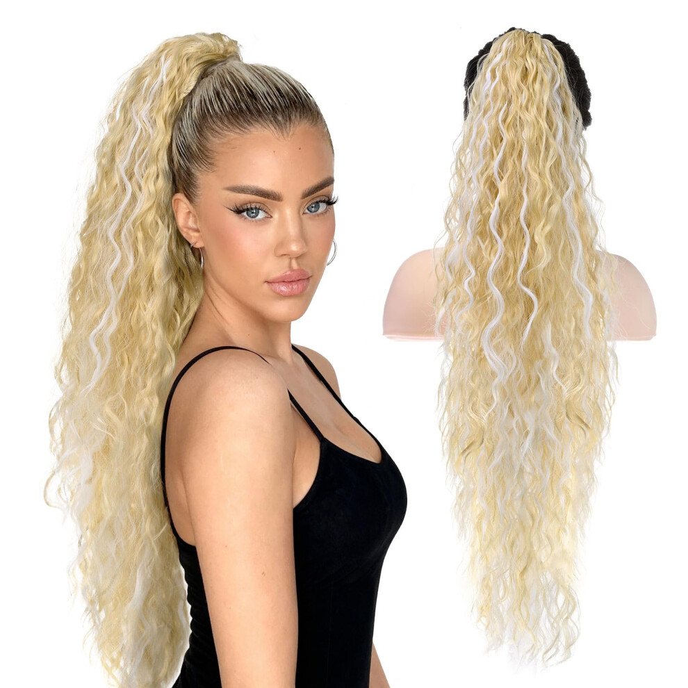30 Inch Long Wavy Ponytail Extension, Blonde Highlight Synthetic Clip In Ponytail with Secure Claw Clip Hold and HeatResistant Styling
