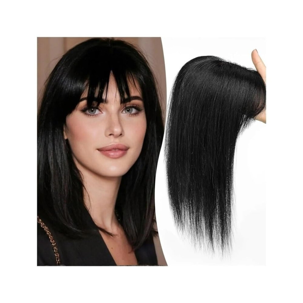 Unisex Black 12 Inch Human Hair Topper With Bangs For Thinning Hair, Straight Lace Base Clipin Hairpiece