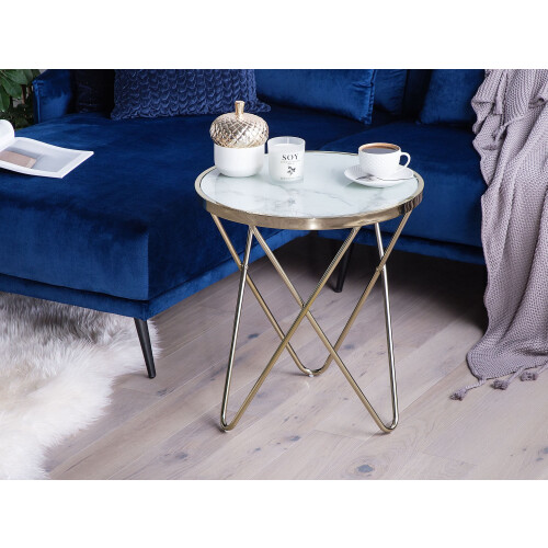 Beliani Side Table MERIDIAN Tempered Glass Marble/ Gold 1
