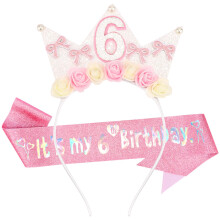 Girls 6th Birthday Crown and Satin Sash Princess Tiara Headband Glitter Design Party Gift