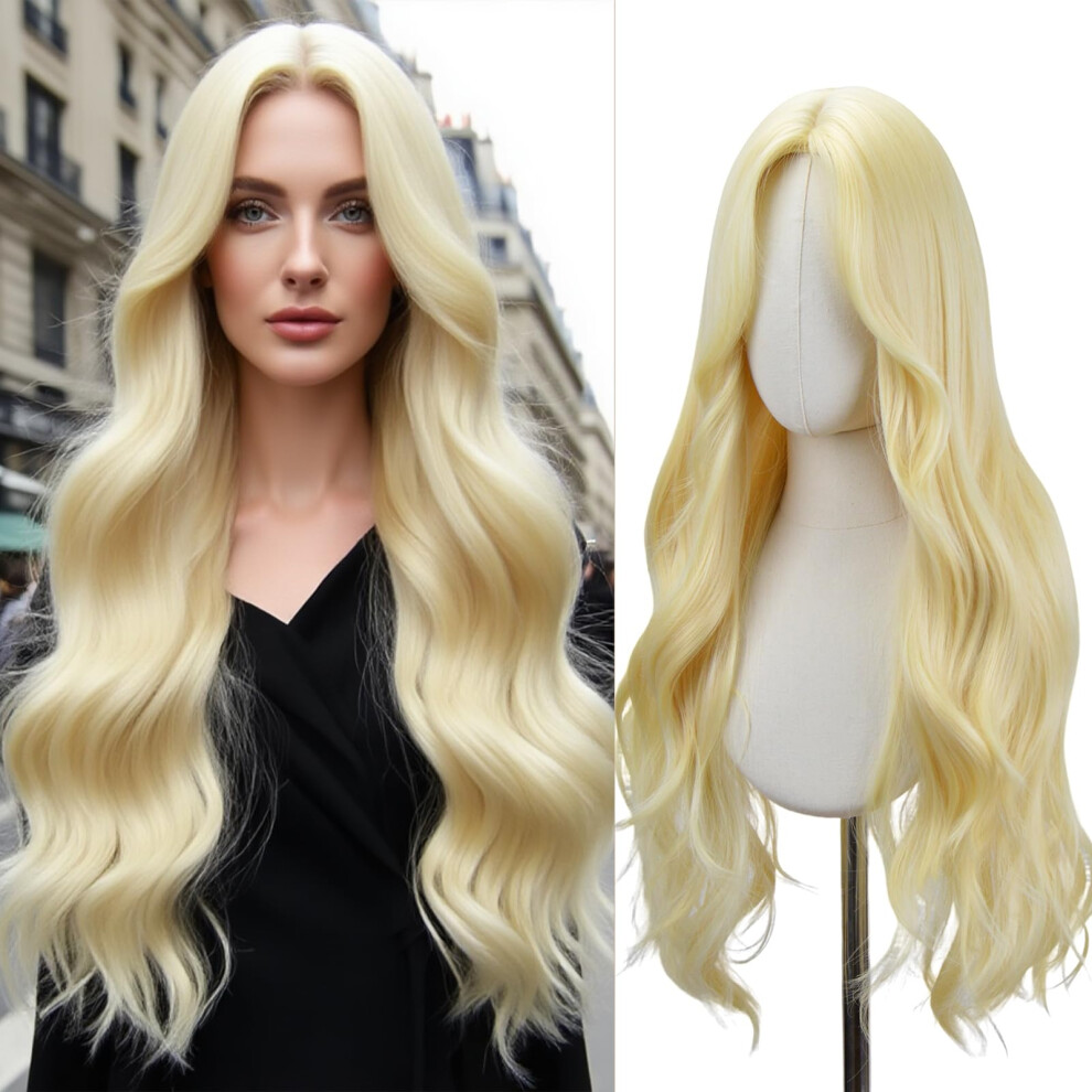 Unisex 26 Inch Long Wavy Blonde Wig With Bangs Heat Resistant Synthetic Natural Hairline For Women Cosplay