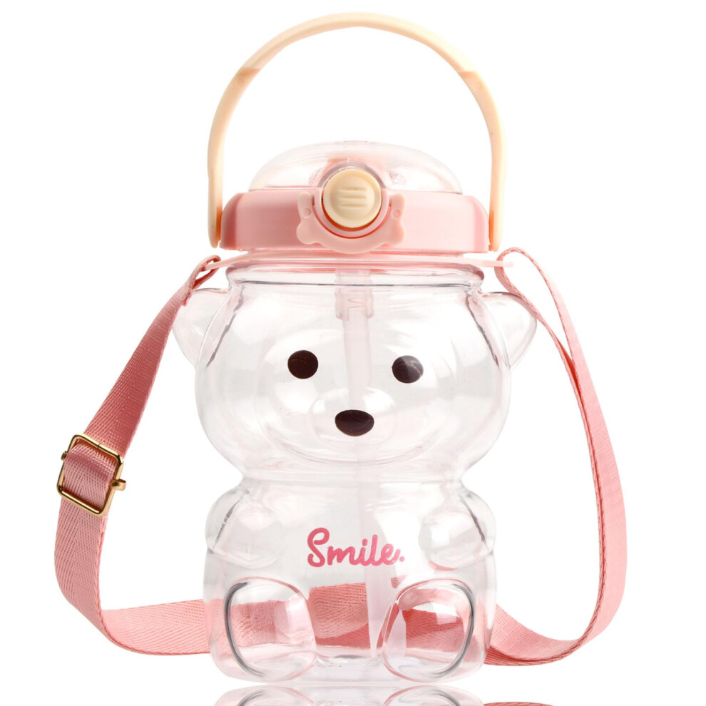 Kids Water Bottle 1000Ml With Straw, Cute Bear Shape Cartoon Design For School, Large Capacity Pink