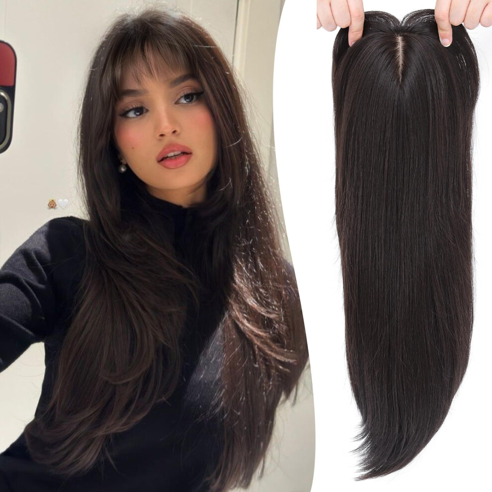 Unisex Brown Hair Topper For Women With Bangs Large Base 22 Inch Dark Synthetic Clipin For Thinning Hair