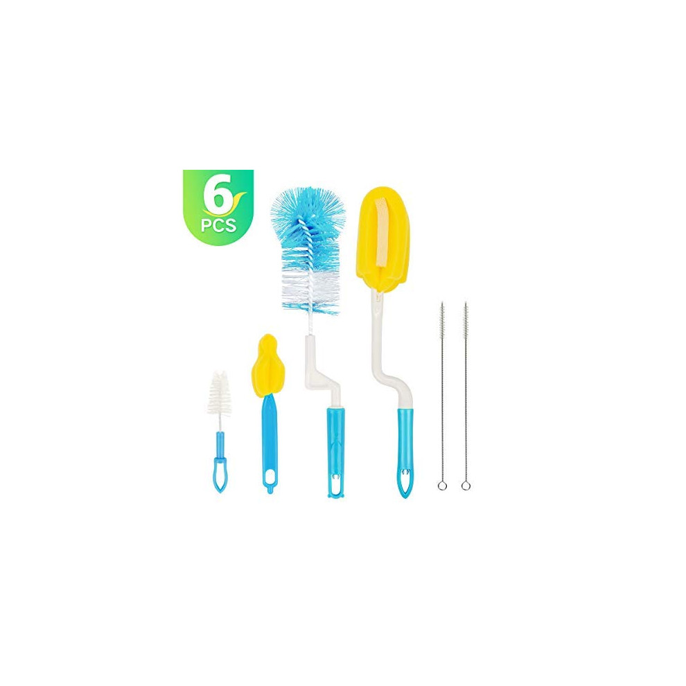 6 Piece Baby Bottle Cleaning Brush Set With Nipple Cleaner 360 Deep Reach Scratch‑ Sponge Head Blue