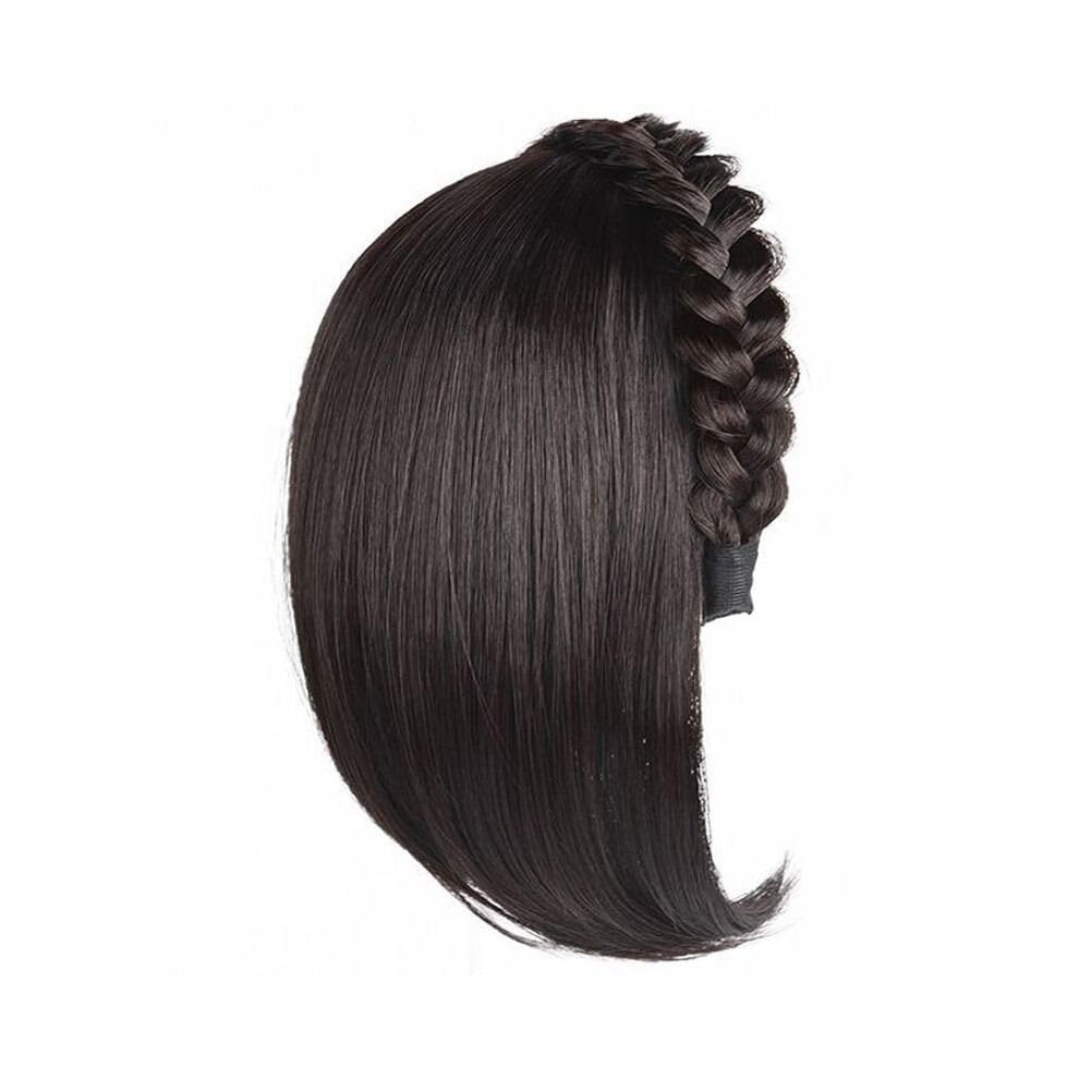 Unisex Black,Brown Half Wig Headband Style With 16 Inch Fishbone Braids For Women, Straight Brown Black Hair Coverage