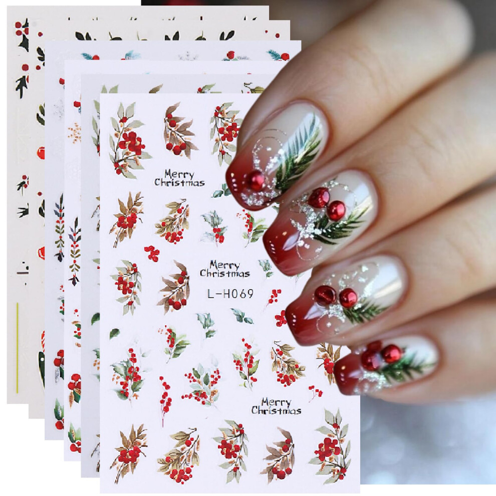 Christmas Nail Stickers 3D Self Adhesive Holly Leaves and Candy Cane Nail Art Decals 6 Sheets