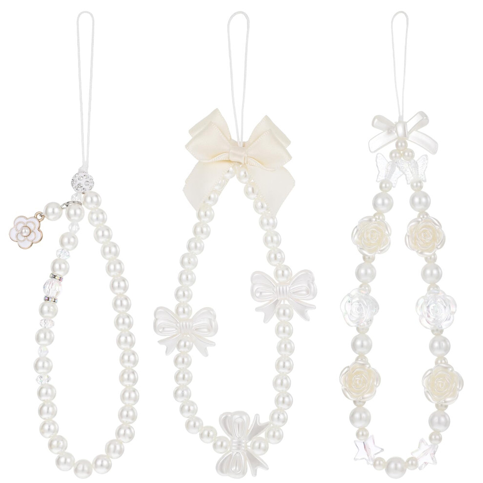 Beaded Pearl Phone Charm Wrist Strap Set For Women, Cute Flower Bow Antidrop Lanyard 3Pcs 9771547507970