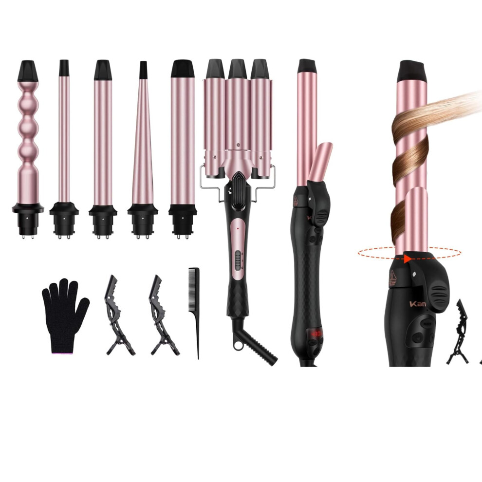 6 in 1 Curling Iron Set with Tourmaline Ceramic Coating, Rotating Wand, 6 Interchangeable Barrels