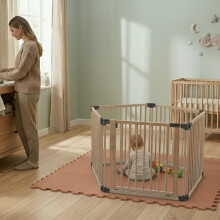 (Natural, Pentagon (5 x 80cm)) Safetots Wooden Play Den Natural Wood, 76cm High, with Soft Foam Play Mat