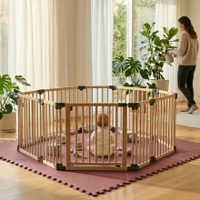 (Natural, Pentagon (5 x 120cm)) Safetots Wooden Play Den Natural Wood, 76cm High, with Soft Foam Play Mat