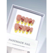 Long Almond Press On Nails with Peach Yellow Gradient, Cherry Design and Rhinestones, Handmade Resin Set