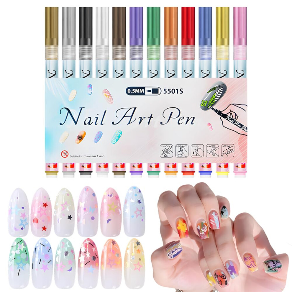 12 Colors Nail Art Pens Set with 0.5mm Fine Tip, Quick Dry Nail Art Markers for Drawing and Painting