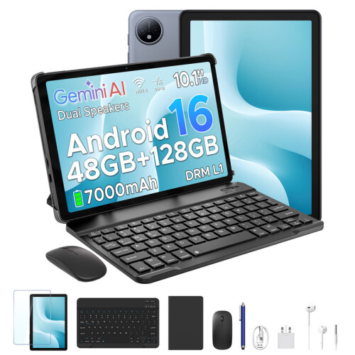 (Grey) Aorlym P10 10.1 inch Tablet, 48GB RAM+128GB ROM, Android 16 7000mAh, 90Hz
