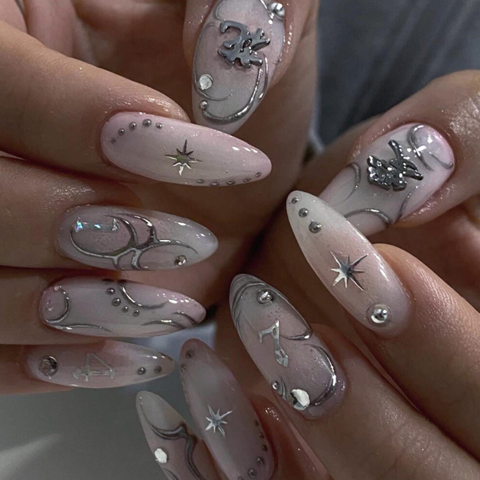White Long Almond Press On Nails Acrylic Fake Nails With Rhinestones Reusable Salon Quality 24Pcs